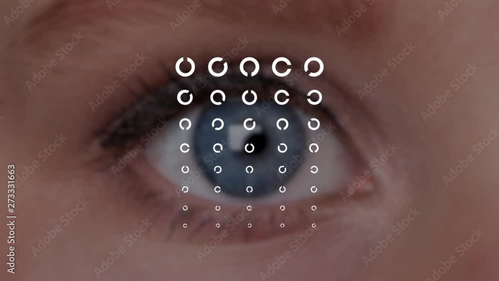 Animation von einem Sehtest mit Landoltring, mit blauem Auge einer Frau. Bestimmung des Visus