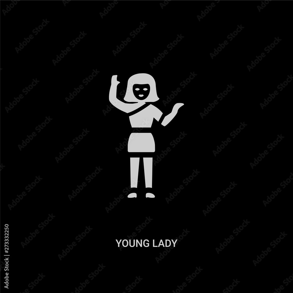 white young lady vector icon on black background. modern flat young lady from ladies concept vector sign symbol can be use for web, mobile and logo. white young lady vector icon on black background. modern flat young lady from ladies concept vector sign symbol can be use for web, mobile and logo.