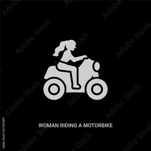 white woman riding a motorbike vector icon on black background. modern flat woman riding a motorbike from ladies concept vector sign symbol can be use for web, mobile and logo.