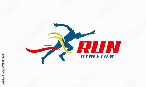 Running Man silhouette Logo with Finish ribbon  Marathon logo template  running club or sports club