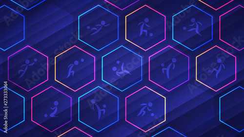 Blue soccer background with glowing neon hexagon cells and soccer player icons