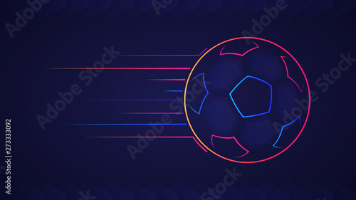 Abstract glowing neon colored soccer ball over blue background