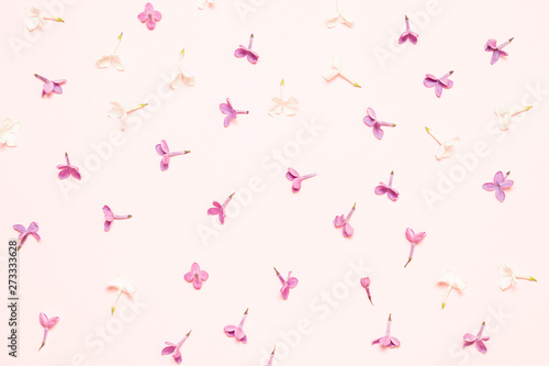 Flower pattern. Fresh lilac flowers in a chaotic state located on a pink background