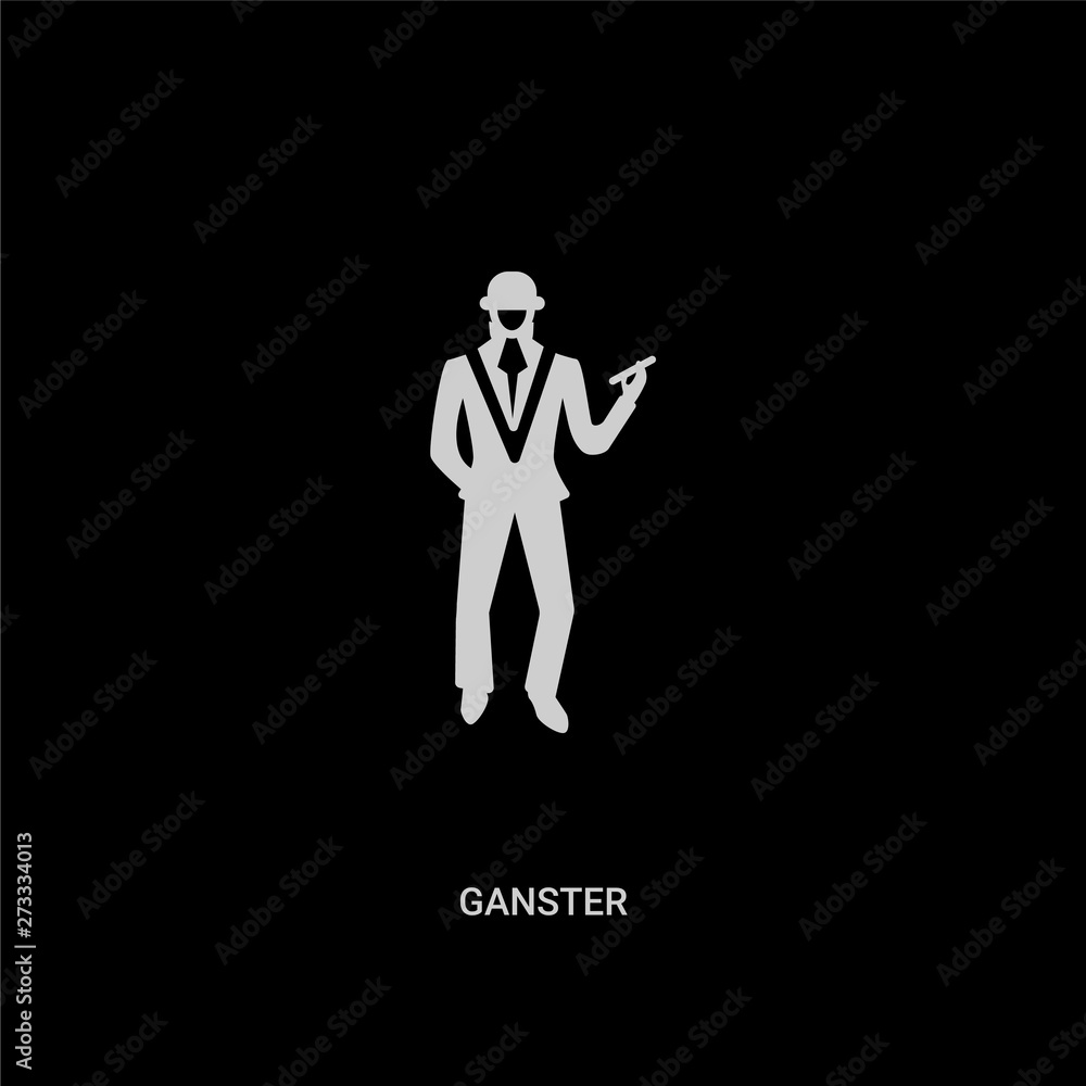 white ganster vector icon on black background. modern flat ganster from luxury concept vector sign symbol can be use for web, mobile and logo. white ganster vector icon on black background. modern flat ganster from luxury concept vector sign symbol can be use for web, mobile and logo.