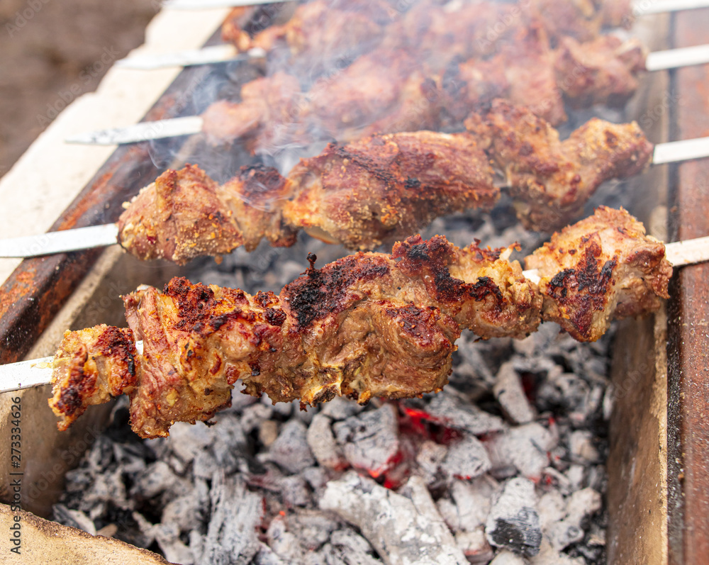 Meat on skewers roasted over charcoal Meat on skewers roasted over charcoal