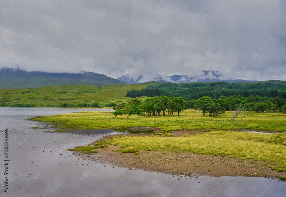 Rugged Lake District Landscape with water, fields, flowers, trees and misty cloud shrouded mountains.