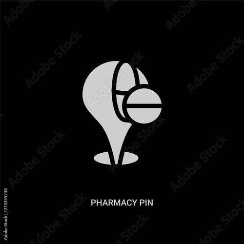 white pharmacy pin vector icon on black background. modern flat pharmacy pin from maps and locations concept vector sign symbol can be use for web, mobile and logo.