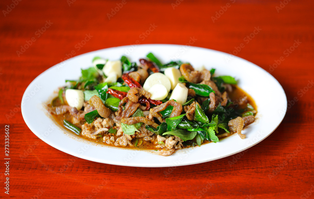 Spicy Minced Duck Salad on wood board Spicy Minced Duck Salad on wood board