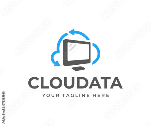 Cloud computing logo design. Cloud storage with computer monitor vector design. Network data technology logotype