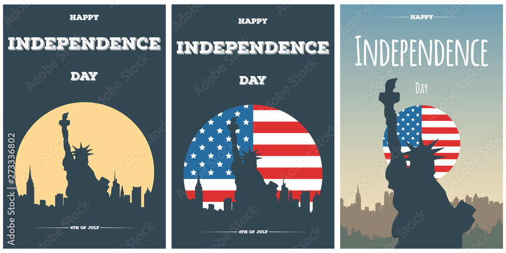 Naklejka premium Happy Independence Day USA set cards. Modern banners or flyers with silhouette of the Statue of Liberty and city skyline. Template background for American holidays. Ocean view of New-York city.
