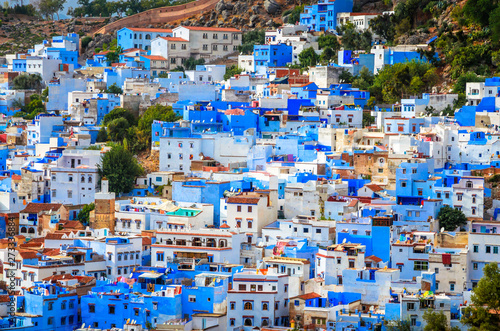 Aerial view of blue medina of city Chefchaouen, Morocco, Africa.