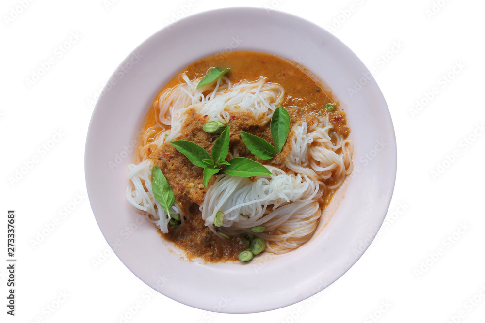 Steam Thai rice vermicelli with red curry and vegetables. Rice noodles in fish curry sauce with vegetables on a pink disk isolate on white background. Steam Thai rice vermicelli with red curry and vegetables. Rice noodles in fish curry sauce with vegetables on a pink disk isolate on white background.