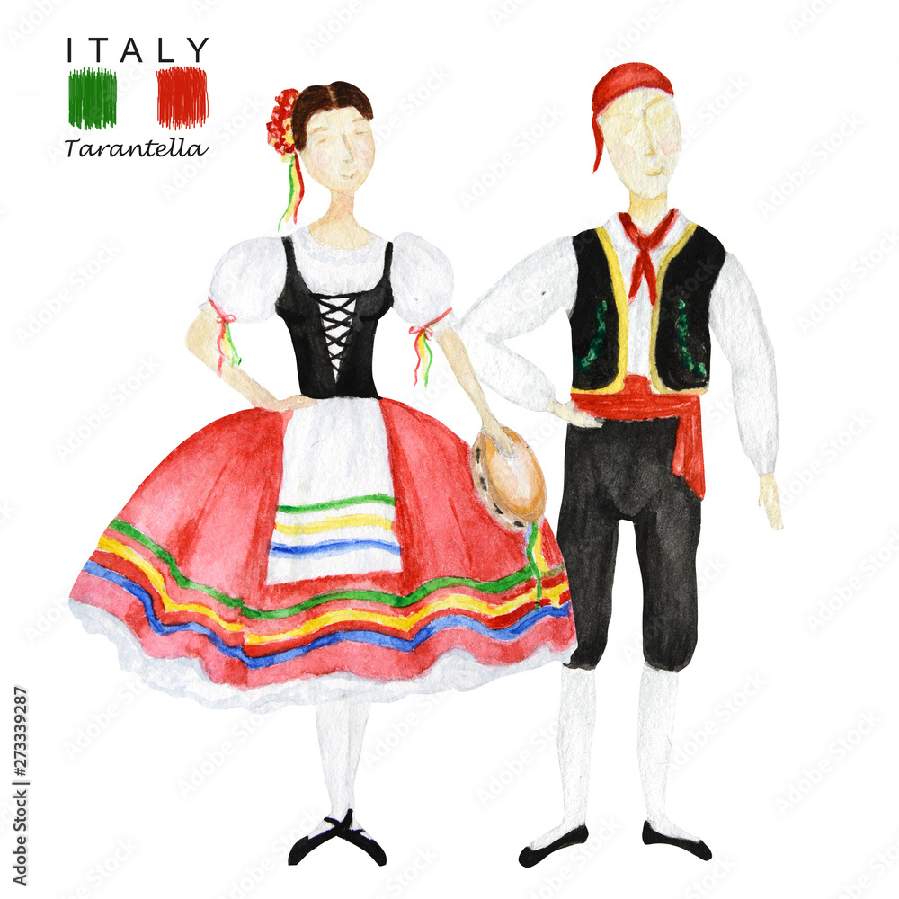couple of dancers in national costume an Italian tarantella with a tambourine on white background. Woman and man dancer in red folk costume Italy Stock Illustration