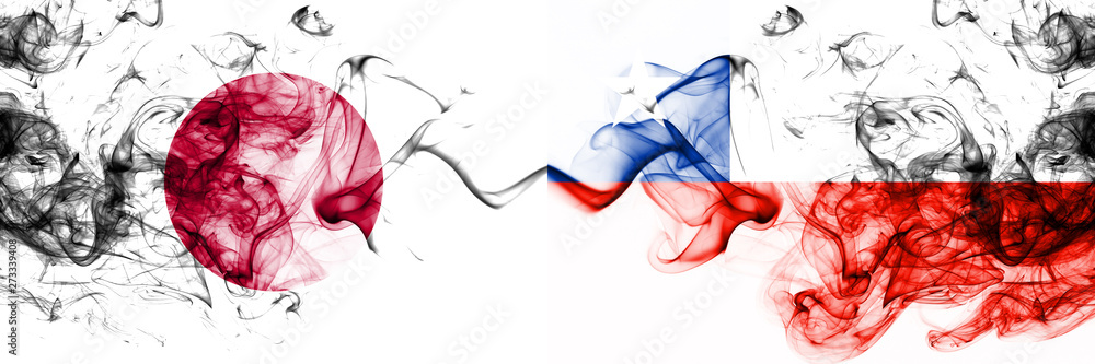 Fototapeta premium Japan, Japanese, Chile, Chilean, competition thick colorful smoky flags. America football group stage qualifications match games