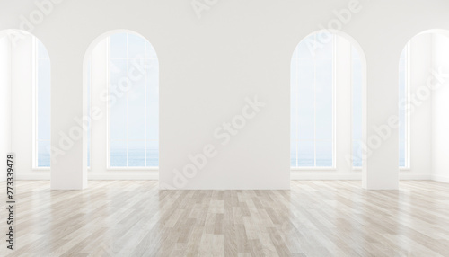 View of interior space with arch window design on sea view background,blank space of architecture with wood laminate floor. 3d rendering.