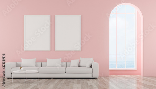 View of living room in minimal style with arch window design on sea view background.Room with picture frame and sofa on pastel color wall background. 3d rendering. 