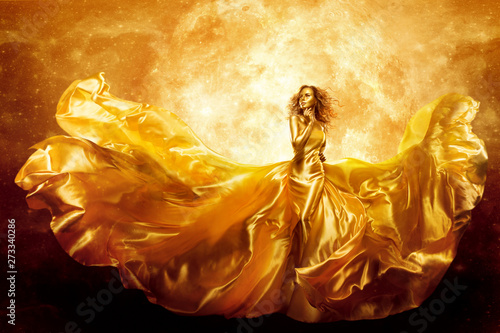 Fashion Model Gold Color Skin, Fantasy Woman Beauty in Artistic Waving Dress, Flying Silk Gown