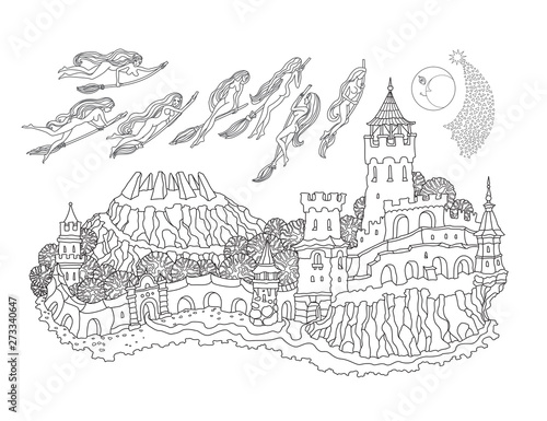 Vector outline contoured fantasy landscape, witches flying on the Sabbath, fairy tale small town medieval castle. Black and white T shirt print, Brochure illustration, Adults Coloring Book page 