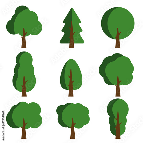 nine trees set on white background, flat vector illustration