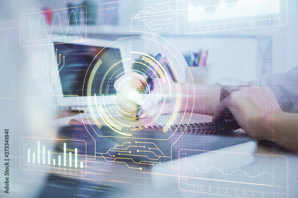 Multi exposure of woman hands on background with technology coding hologram. Data concept. Multi exposure of woman hands on background with technology coding hologram. Data concept.
