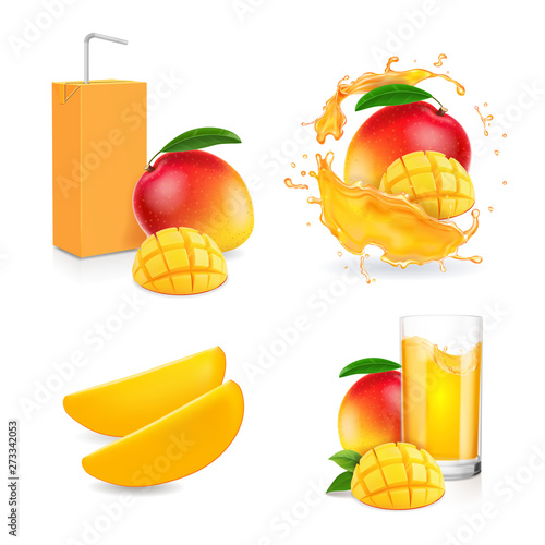 Mango juice splash. Mango fruit and drink package set. Realitic vector icon set
