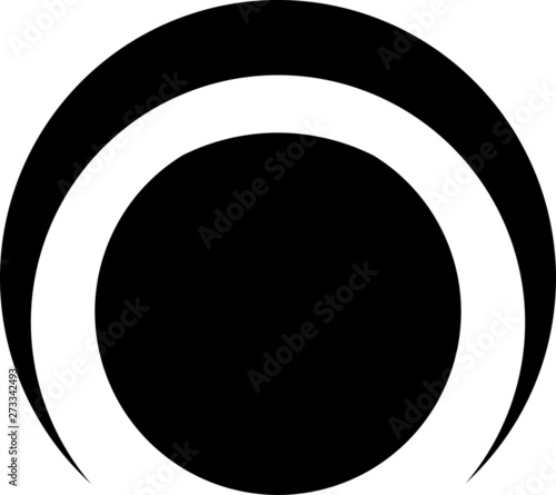 vector Black and white abstract logo with a large solid black circle centered, surrounded by a thinner white arc and a thick black outer arc, resembling a stylized eye or eclipse. 