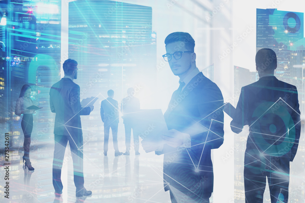 Business team in city, network interface and icons Business team in city, network interface and icons