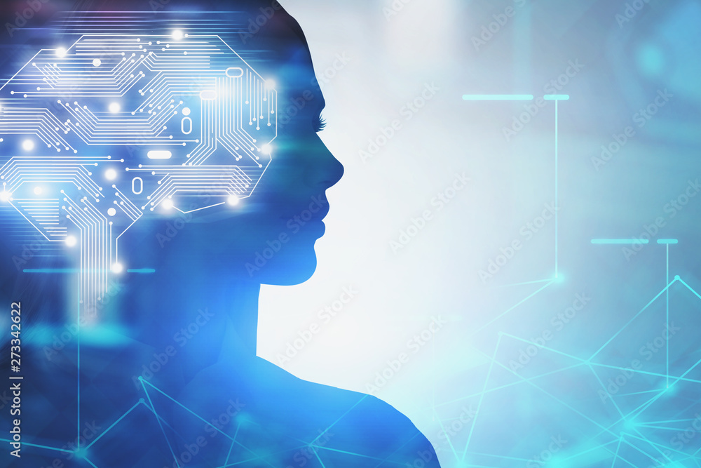 Woman head silhouette, AI concept Woman head silhouette, AI concept