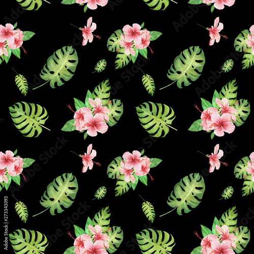hand drawn watercolor floral tropical seamless pattern with green monstera leaves and pink hibiscus flowers on black  background. design for cloth, textille, wrapping, gift paper
