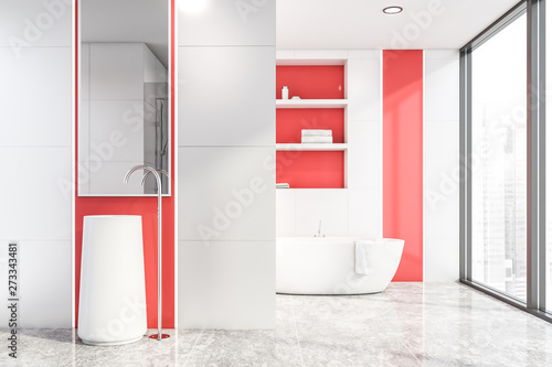 Bright white and red bathroom interior