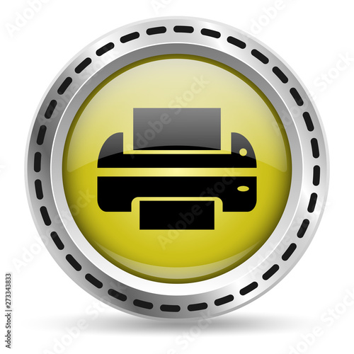 Printer icon. Yellow glossy button for web design. Metal case. Vector.