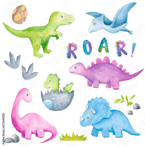 Cute watercolor dinosaur. Watercolor childish set