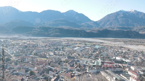 Tolmezzo city. Panning shot of town and comune in the province of Udine, part of the autonomus Friuli-Venezia Giulia region of north-eastern Italy. photo