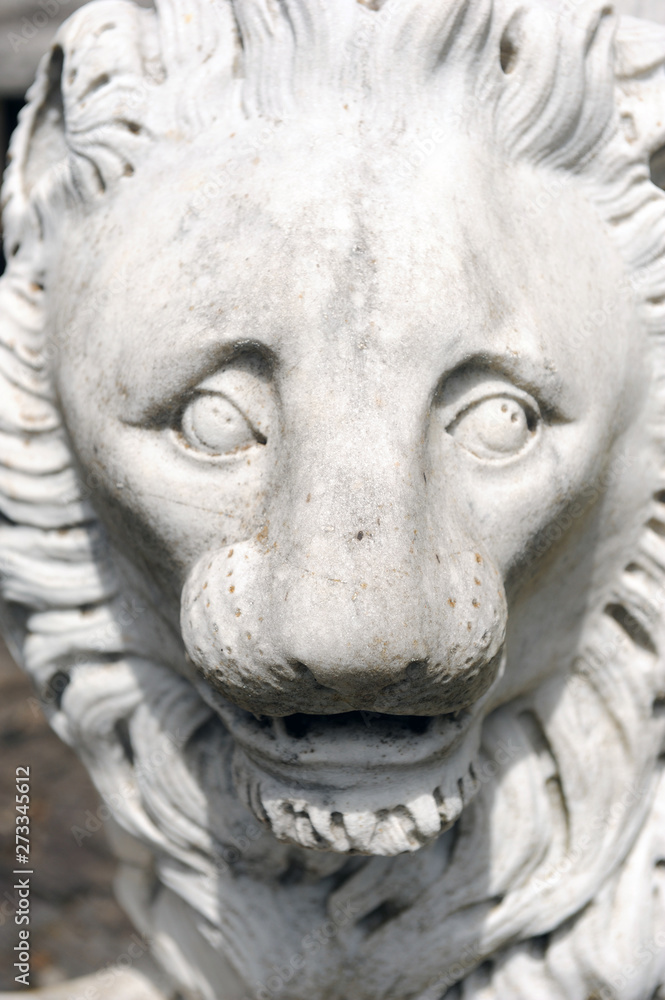Stone lion face close up. Angry lion sculpture.