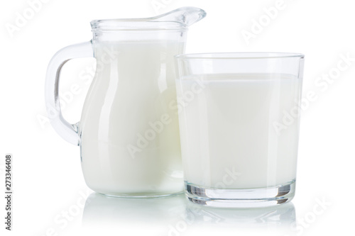 Fresh milk drink in a glass and churn isolated on white