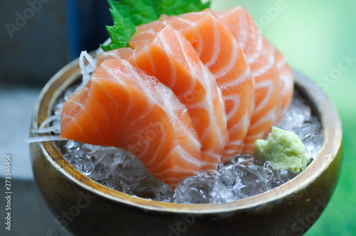 raw salmon, sashimi or sliced salmon