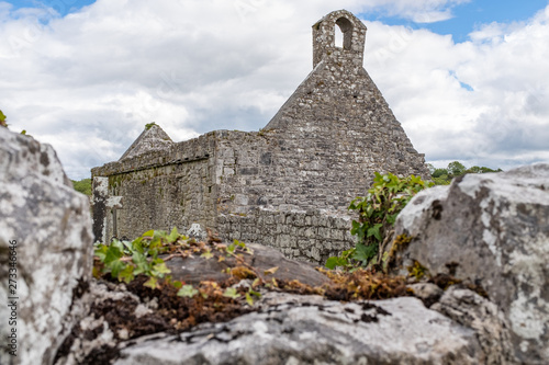 A view through through a wall of the abanoned ruins of Killone Abbey that was built in 1190 and sits on the banks of the Killone Lake, just outside Ennis, County Clare