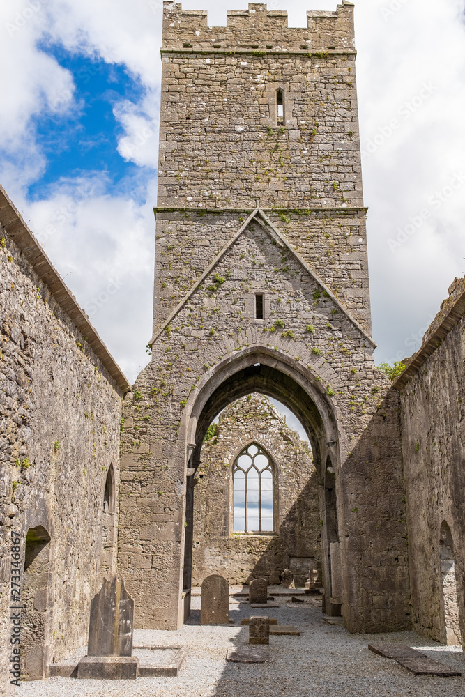 A view inside the ruins of Clare Abbey a Augustinian monastery just outside Ennis, County Clare, Ireland that sits alongside the Fergus River