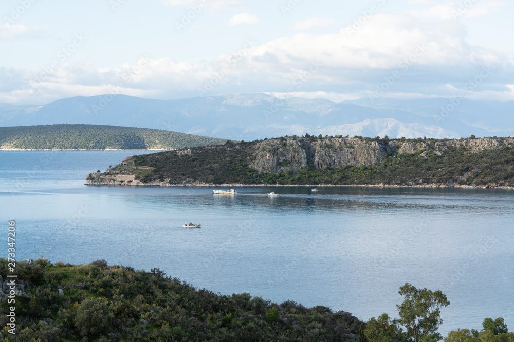 Landscape with small greek islands and bays on Peloponnese, Greece near Nafplio town, summer vacation destination