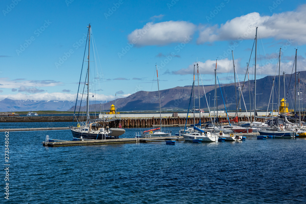 Reykjavik Old Harbor. Motorboats, yachts and small fishing ships.