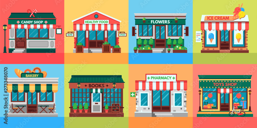 Local shops facades. Grocery shop doors, old boutique store building
