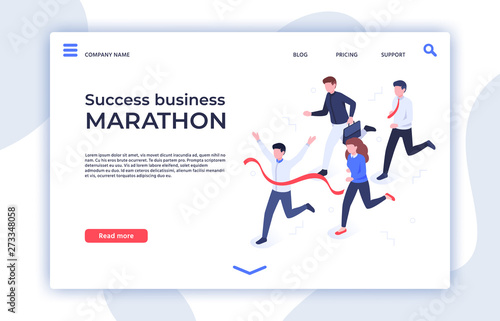 Success business marathon. Successful startup, businessman winner and professional triumph landing page. Sprint running competition, business team career winners isometric vector illustration
