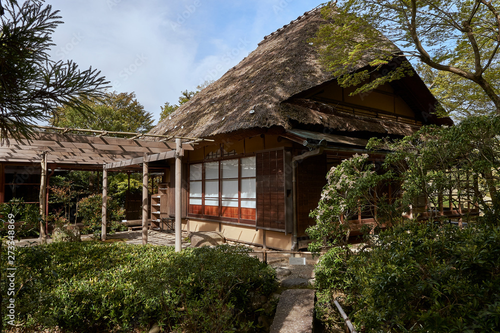 A traditional japanese wooden house, covered with straw. Trees and bushes belong to the park around the house.
