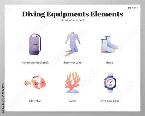 Diving equipments icons gradient pack