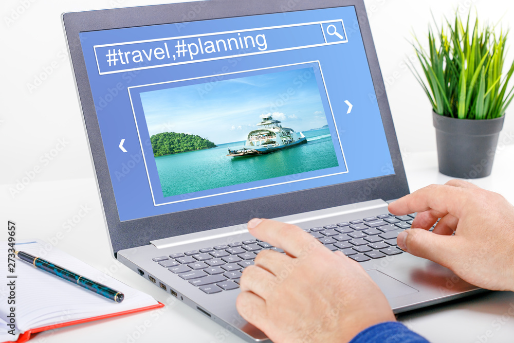 Man planning vacation trip and searching information or booking an hotel on a laptop. Travel concept. Man planning vacation trip and searching information or booking an hotel on a laptop. Travel concept.
