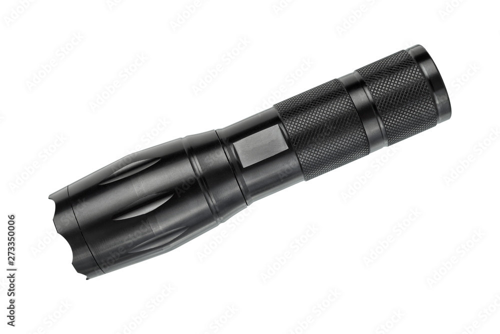 Black metallic flashlight or torch isolated Black metallic flashlight or torch isolated