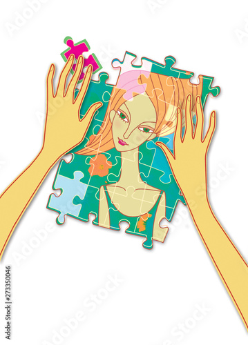 Female hands collect puzzle with a portrait of a girl. Psychology. Mind games.
