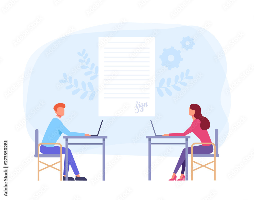 Businessmen people office workers character making deal by internet laptop pc. Online web cooperation concept. Vector flat graphic design cartoon illustration
