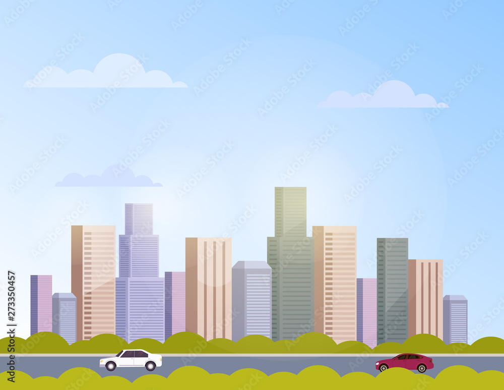 City town panorama skyline skyscraper concept. Vector flat cartoon graphic design banner poster illustration