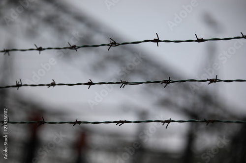 barbed wire with the blurred background of a refugee camp photo